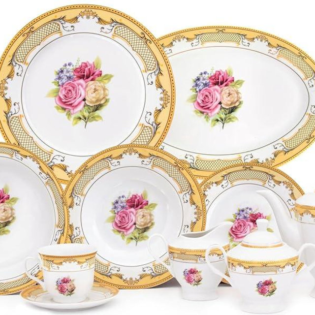 Floral Dinnerware Sets for 8 - White and Gold 49 Piece Vintage Porcelain Design - Dining Kitchen Ware for Home, Formal Occasions and Everyday Dish Set - Elegant Dinner Plates and Bowls Sets