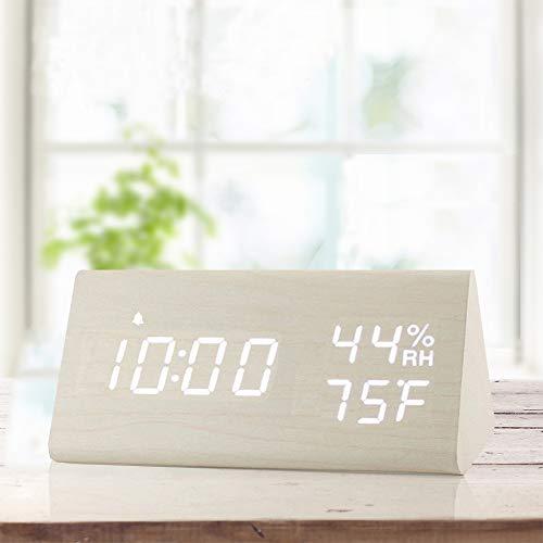 Digital Alarm Clock, with Wooden Electronic LED Time Display, 3 Alarm Settings, Humidity & Temperature Detect, Wood Made Electric Clocks for Bedroom, Bedside… (White)