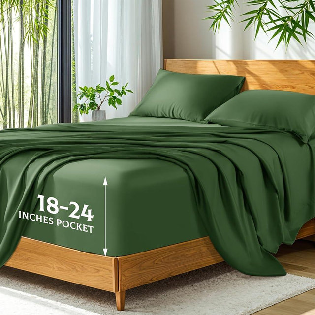 SONORO KATE 100% Viscose Derived from Bamboo_, Extra Deep Pocket up to 18"-24",Ultra Soft & Cooling Sheets for Hot Sleepers, Hotel Luxury Silky Bed Sheets (Olive,Queen)