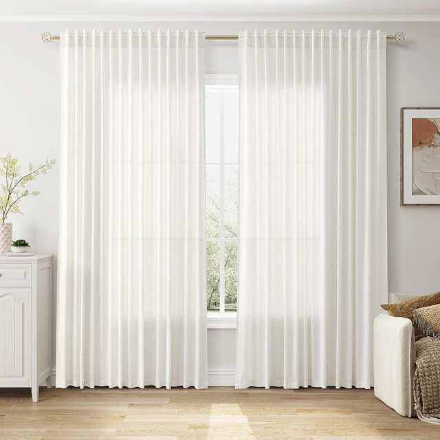 Nanspring Extra Wide Linen Curtains for Living Room Bedroom 84 Inches Long Light Filtering Sheer Curtain for Sliding Door Beige White Farmhouse Decor Drapes Back Tab and Rod Pocket 100x84, 2 Panels