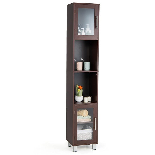 Tangkula Tall Bathroom Cabinet, Home Living Room Wood Storage Cabinet Free Standing w/ 4 Shelves and 2 Glass-Paneled Doors Suitable Tall Bathroom Cabinet