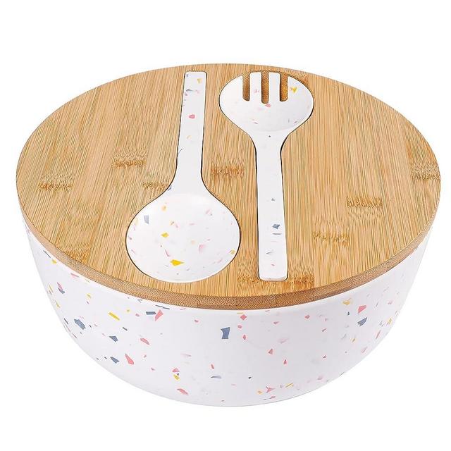 ECOWAY Melamine Salad Bowl Set with Natural Bamboo Lid, Bamboo Fiber Salad Serving Bowl with Utensils Spoon Fork for Salad, Soup, Vegetables, Pasta and Fruit, Dessert Bowls, 9.84 Inches