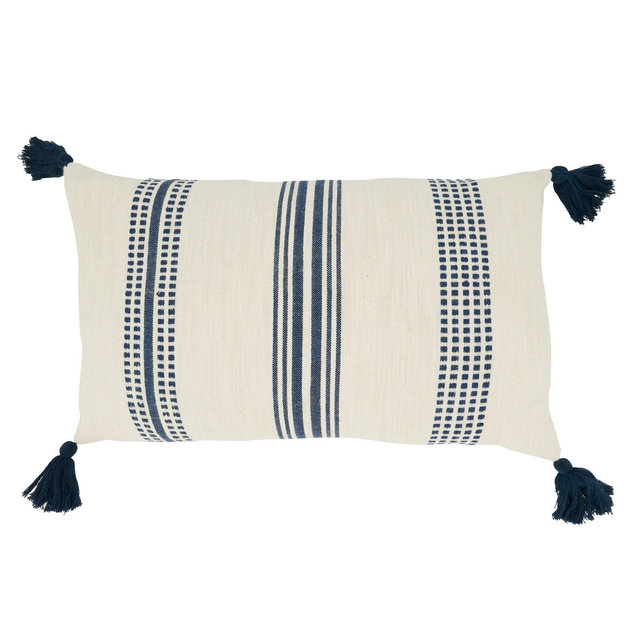 12"x20" Oversize Textured Striped Tassel Poly Filled Lumbar Throw Pillow Navy Blue - Saro Lifestyle: Cotton Weave, Zippered, Indoor Decor