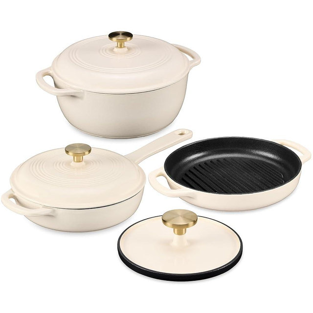 Best Choice Products Non-Stick Pot & Pan Cookware Set, Cast Iron, 2Qt Skillet w/Lid, 10" Grill or Griddle Pan w/Press, 6Qt Enameled Dutch Oven, Non-toxic, for Cooking and Grilling - Vanilla