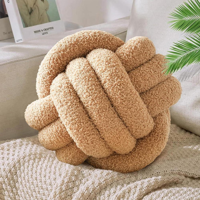warmway Knot Pillow Ball Round Decorative Throw Pillow for Bed Sofa Soft Home Decor Khaki Knotted Cushion for Couch