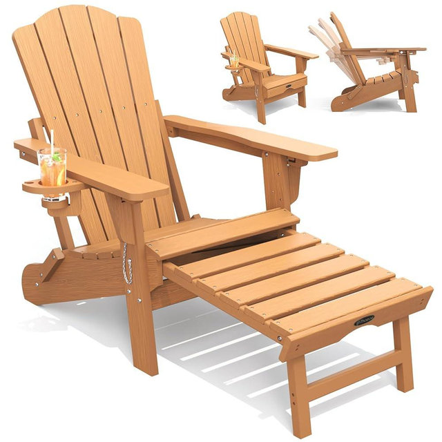 THOEOE Adjustable Adirondack Chairs with Retractable Ottoman, HDEP Folding Adirondack Chair with Footrest & Cup Holder, All Weather Fire Pit Chair for Outdoor,Wood
