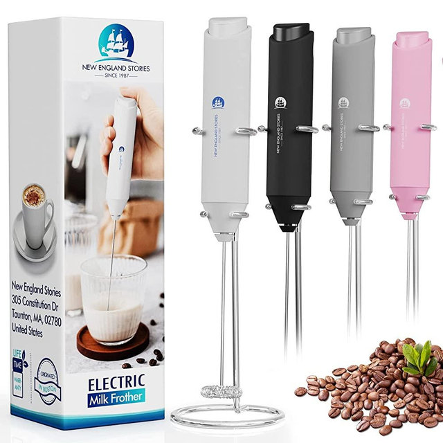 Electric Milk Frother Handheld, Battery Operated Whisk Beater Foam Maker for Coffee, Cappuccino, Latte, Matcha, Hot Chocolate, Mini Drink Mixer With Stainless Steel Stand - White