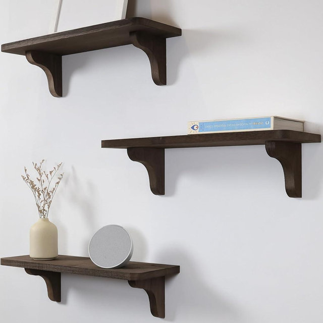 Real Wood Dark Brown Shelf for Wall - 17 inch (3 Pack) - Easy to Install, Template and Video Included - Brown Wall Shelves, Dark Wood Shelves
