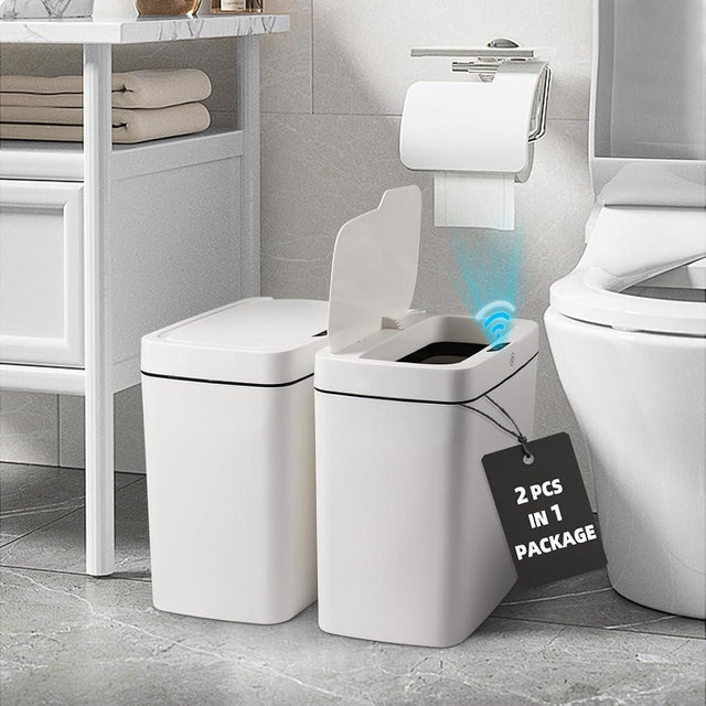CONERX Bathroom Trash Can with Lid 2 Pack 3.9 Gallon Touchless Automatic Garbage Can Slim Motion Sensor Waterproof Plastic Trash Bins for Bedroom, Bathroom, Kitchen, Office, White 10.2"x7.3"x12"