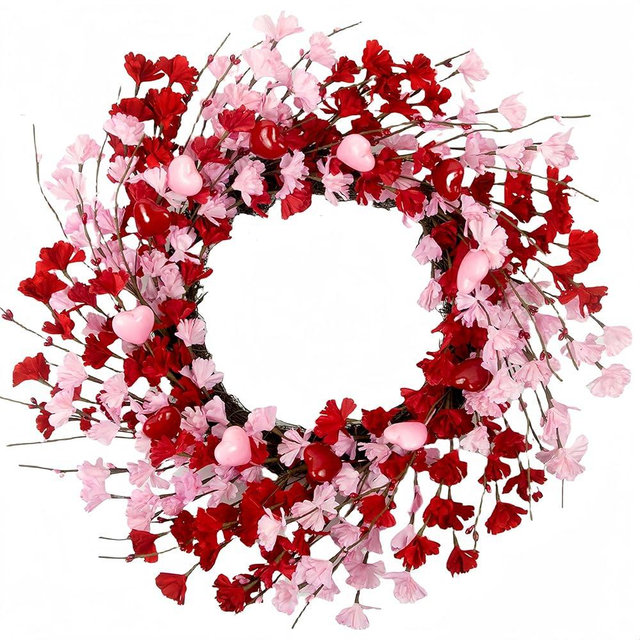 MAINGKAUNG 20 Inch Valentine's Day Wreath, Valentines Day Wreaths for Front Door, Valentine Day Wreath with Red Berries and Pink Love Heart Forsythia Flowers, Great for Wedding and Holiday Decorations