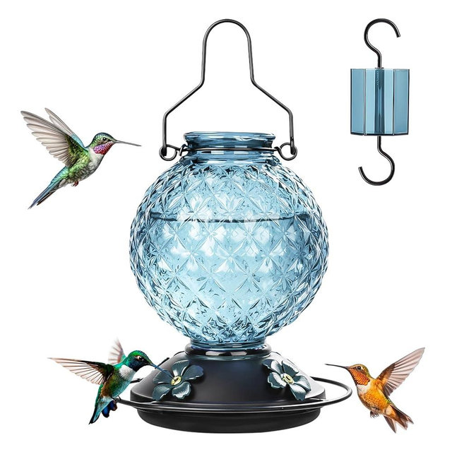 Tegarbed Glass Hummingbird Feeder for Outdoors Hanging, 25 OZ Humming Bird Nectar Feeder with 4 Bee Guard Feeding Ports & Built-in Ant Moat, Bird Feeder for Outside, Gifts for Women Mom, Blue