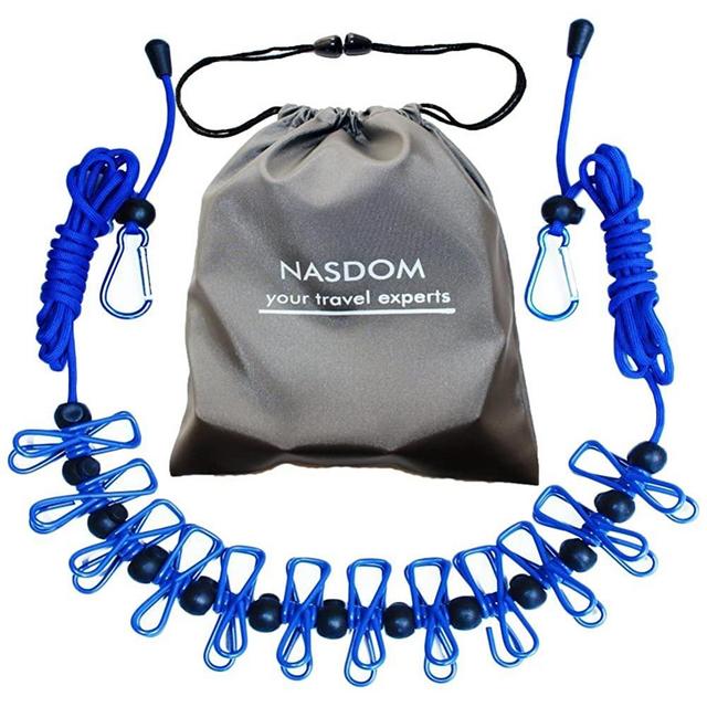 Nasdom Travel Clothesline,4m/13ft Portable Retractable Adjustable Clothes Line Rope with 1 Waterproof Bag, 12 Clothespins, 13 Anti-Skid Clips for Outdoor and Indoor(Blue)