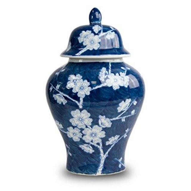 OneWorld Memorials Plum Blossom Ceramic Cremation Urn - Large - Holds Up to 200 Cubic Inches of Ashes - Blue Ceramic Urns - Engraving Sold Separately