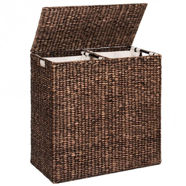 Best Choice Products Extra Large Natural Woven Water Hyacinth Double Laundry Hamper Basket w/ 2 Liner Bags - Espresso