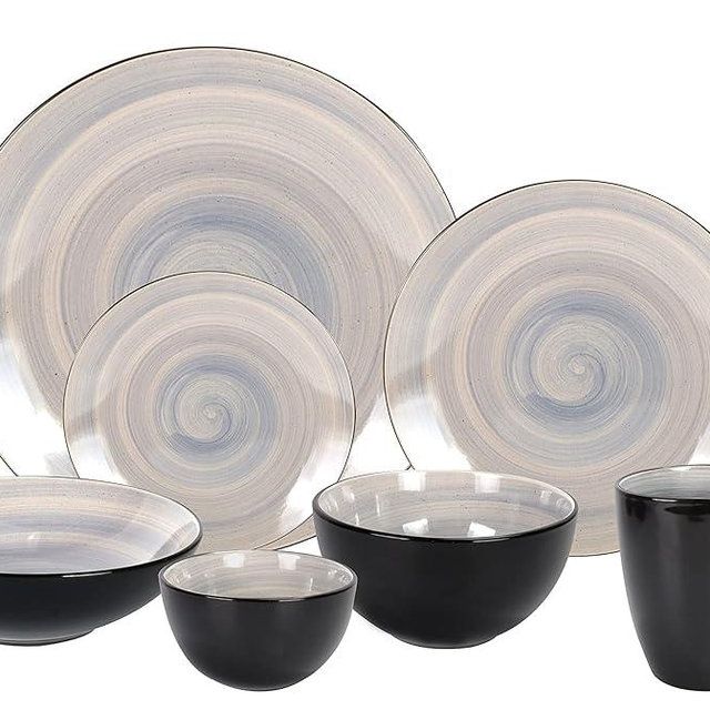 HomeVss, Stoneware Sonoma Dinnerware Set, Black + Speckled Spin Wash (56pc Set, Grey)
