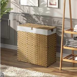 Greenstell Laundry Hamper No Install Needed, Divided Clothes Hamper with 2 Removable Liner Bags, 90L Handwoven Synthetic Rattan Laundry Basket with Lid and Handles, Foldable Natural