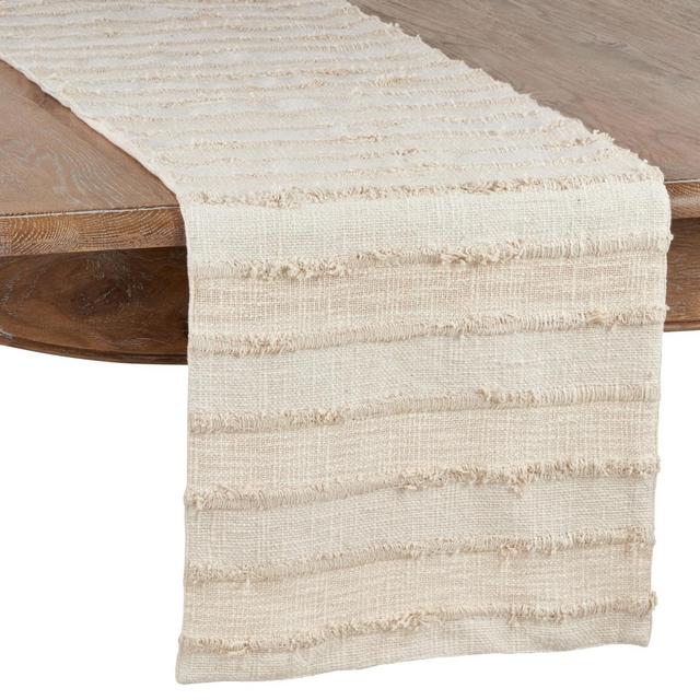 Saro Lifestyle Table Runner With Fringe Stripe Design, Ivory, 16" x 72"