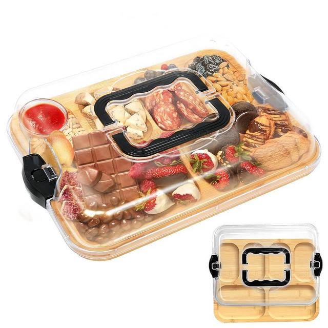 Bamboo Charcuterie Board with Lid & Handle, 6 Compartments, Cheese Board with Locking Cover, Gifts for Couples, Wedding,Engagement, Housewarming, White Elephant, Bridal Showers, Christmas