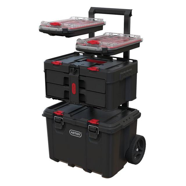 Keter Stack-n-Roll Modular Tools Organizer for Garage Storage and DIY, 4 Piece Resin Rolling Tool Box System for Small Parts, Black