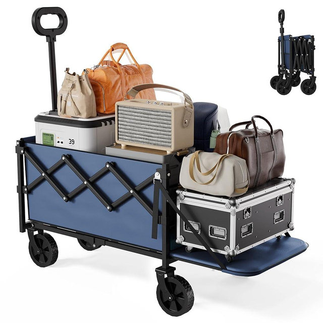 Geisoun Collapsible Wagon with Wheels & Tailgate, 350LBS Wagons Carts Foldable Heavy Duty, Lightweight Portable Folding Utility Wagon Grocery Shopping Cart for Garden, Camping, Beach (Navy)