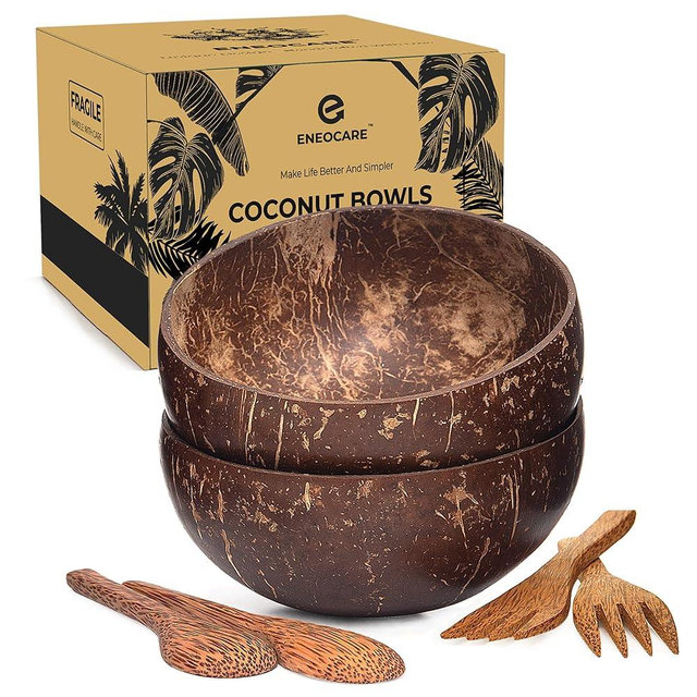 ENEOCARE Natural Coconut Bowls with Spoons and Forks | Eco-friendly Vegan Organic Non-toxic Reusable Smoothie Buddha Acai Bowl for Kitchen, Dining and Decoration (Set of 2)