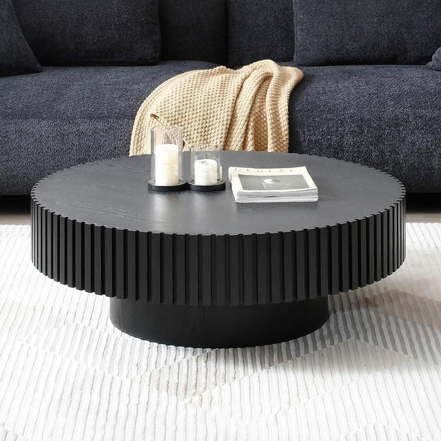 WILLIAMSPACE 31.49" Black Round Coffee Table, Modern Luxury Wood Circle Drum Center Table for Living Room, Accent Side End Table for Apartment, ø31.49'' x 13.77''H (Black)
