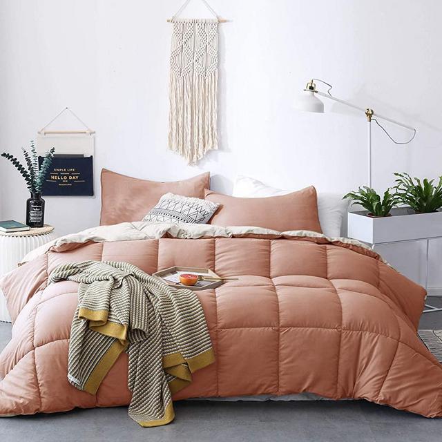 KASENTEX All Season Down Alternative Quilted Comforter Set - Hypoallergenic Duvet Insert - Machine Washable (Rose/Beige, King Set)