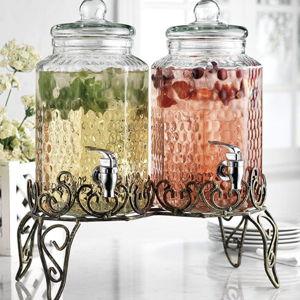 Classic Hammered Glass Beverage Dispenser with Elegant Stand (Set of 2), 1 Gallon Glass Drink Dispenser with Stand & Spigot, Party Drink Dispensers for Lemonade, Punch, Water, Juice