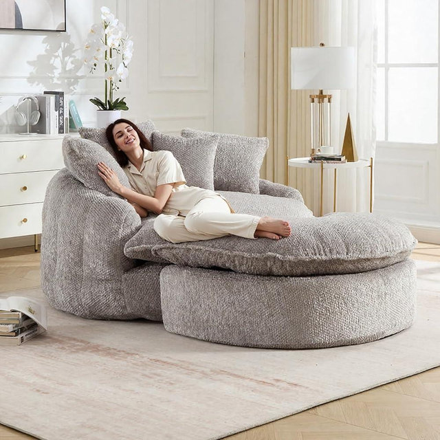 Mangobaby Round Oversized Lounge Chair with Ottoman - Cloud Comfy Boneless Sofa Chair for Living Room Relaxation (Light Grey, Chair and Ottoman)