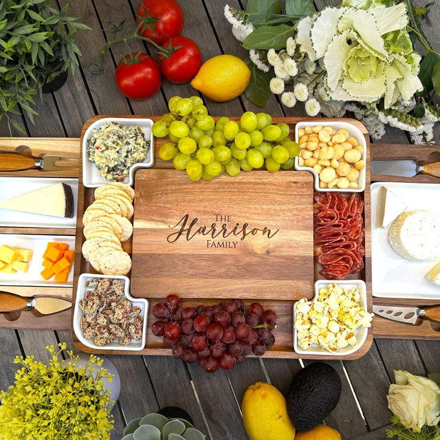 Expanding Personalized Charcuterie Board Cheese Board & Knife Set w/ Drawers Realtor Closing gift Custom Charcuterie Christmas Wedding Gift