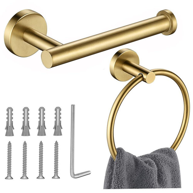 Gold Toilet Paper Holder, Towel Ring Set 2 Pieces Hand Towel Holder for Bathroom Hardware Accessories Set SUS304 Stainless Steel Sturdy Wall Mount Bathroom Holder…