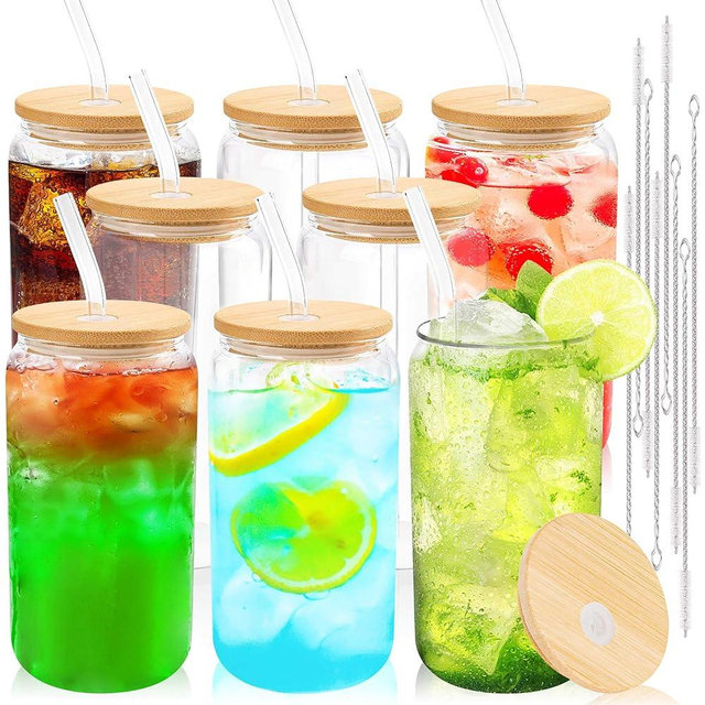 Joyclub Glass Cups with Bamboo Lids and Straws 8 Set 16 oz Reusable Iced Coffee Cup Beer Can Drinking Glasses for Smoothie Whiskey Boba Soda Tea Gift