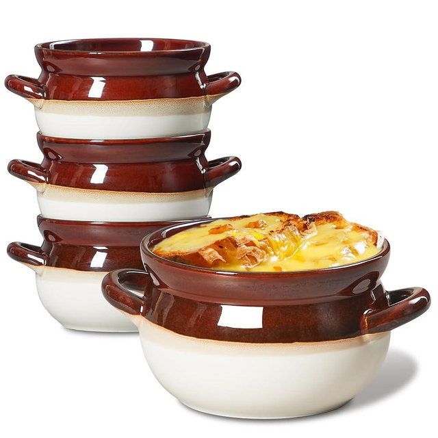 ONEMORE French Onion Soup Bowls Set of 4, 28oz - Oven Safe Large Ceramic Soup Crocks with Handles for Chili, Beef Stew & Cereal - Microwave, Broil & Dishwasher Safe, Oven to Table