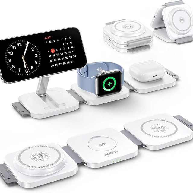 JARGO 3 in 1 Wireless Charging Station for Apple Devices, Foldable iPhone Charging Station for iPhone 17/16/15/14/13/12, Apple Watch & AirPods with Magsafe, Travel Essentials Wireless Charger (White)