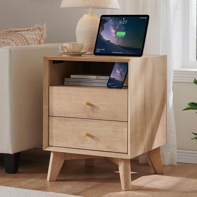T4TREAM Nightstand with Charging Station, 18" Mid Century Modern Side Table, 2 Drawer Dresser, End Table w/Storage, Bedside Table for Bedroom, Living Room, Beveled Profile Design, Natural Oak