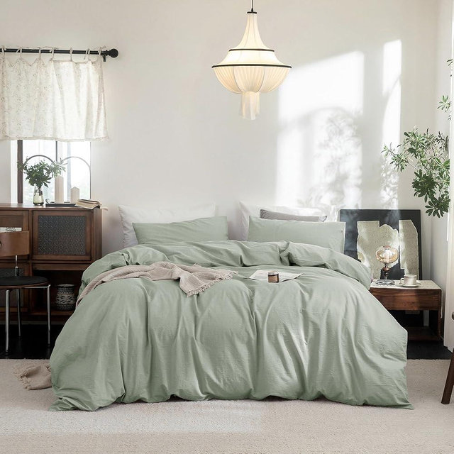 FOSSA Duvet Cover Set 100% Washed Cotton Linen Feel Super Soft Breathable Cozy 3 Pieces Bedding Sets Solid Sage Green Super Queen