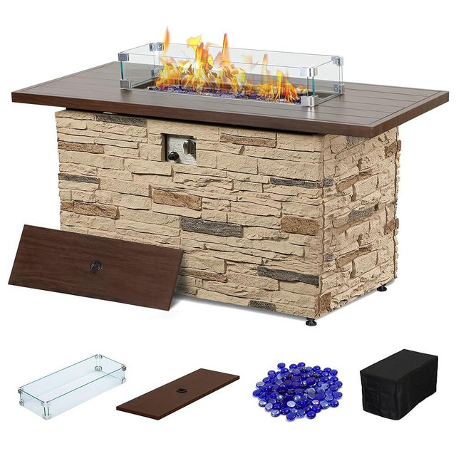 PIZZELLO 43" Propane Fire Pit Table Outdoor Stone Firepit Table Rectangular 50000 BTU Propane Fire Tables for Outside Patio with Wind Guard, Table Lid, Fire Beads, Cover,Pizzello Caldo (Buff)