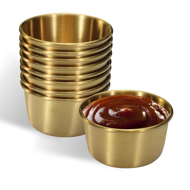Huakaile 9 Pcs 2 oz Stainless Steel Dipping Sauce Cup, Mini Dip Bowls, Reusable Metal Condiment Cups Ramekins Containers for Ketchup Dressing Home Party Restaurant Kitchen (9PCS Gold)