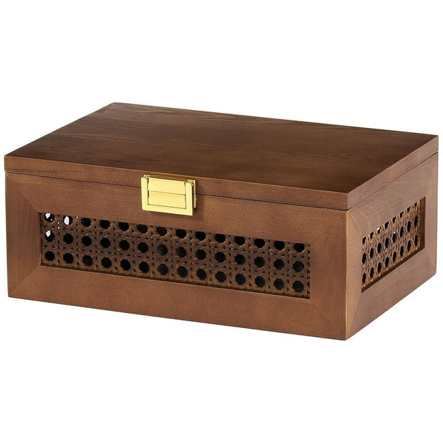 VinneGenzz Decorative Rattan Storage Boxes Solid Wood Woven Baskets Bins with Lid Keepsake Memory Jewelry Box Natural Boho Shelf Wicker Closet Desk Organizer Container (Walnut Color, Small Size)