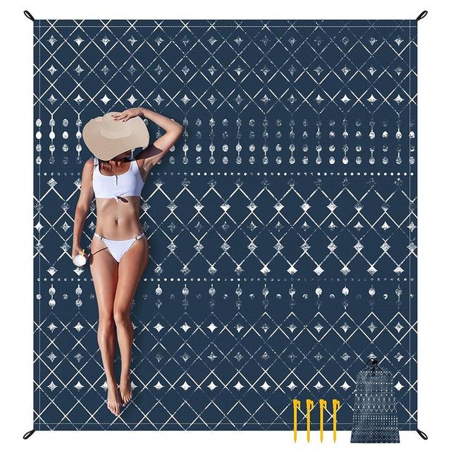 Beach Blanket Waterproof Sandproof, Large Beach Picnic Blankets Foldable Sand Free, Beach Mat Windproof w/Stakes and Corner Pocket for Outdoor, Travel, Camping, Hiking, Beach Essentials-Navy Geometry