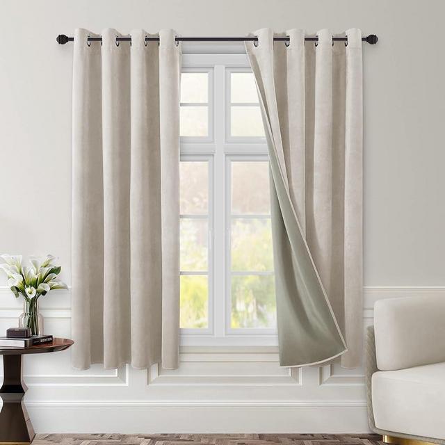 HOMEIDEAS 100% Blackout Velvet Curtains 2 Panels Ivory Blackout Curtains for Bedroom/Living Room, 52 X 63 Inch Cream Room Darkening Curtains Thermal Insulated Grommet Window Drapes for Light Blocking