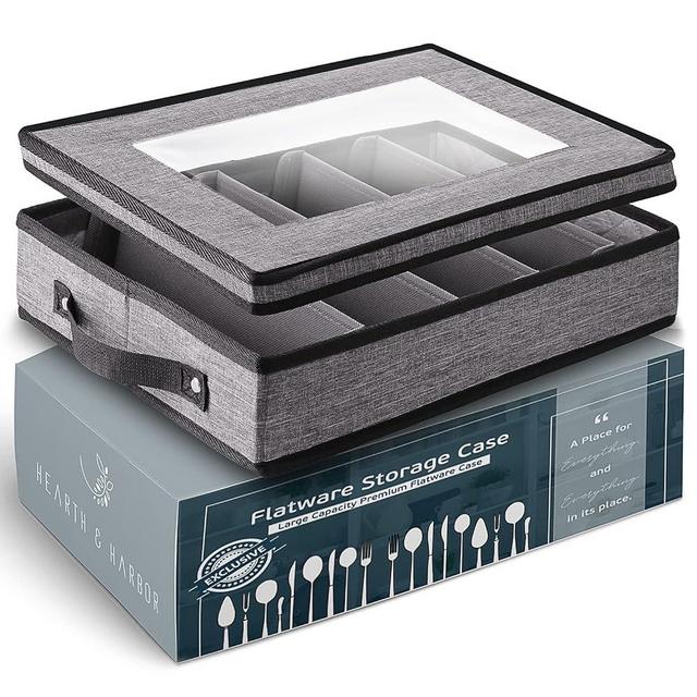 Flatware & Utensil Storage - Durable Silverware Storage Box with Padded Dividers, 5 Compartment Flatware Storage Case, Silverware Case with Handles and Removable Lid - Protects and Organizes Cutlery