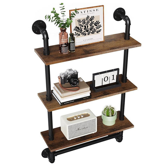 Merapi 24" Industrial Floating Shelves with Tower Bar, Pipe Shelves for Wall, 3 Tier Rustic Wood Wall Shelves for Home Décor, Bedroom, Living Room, Bathroom