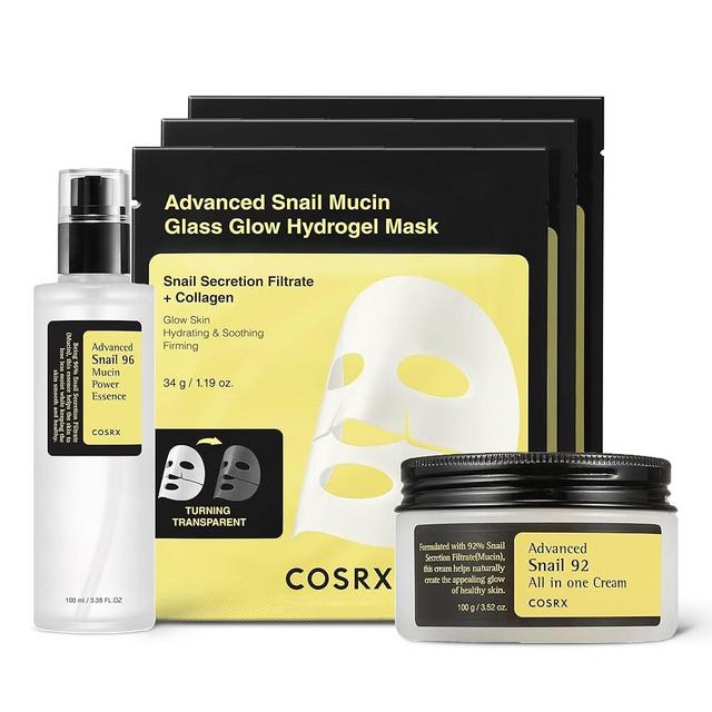 COSRX Snail Mucin Korean Skin Care Night Routine Set - 96% Essence + 92% Moisturizer + Glass Glow Hydrogel Face Masks