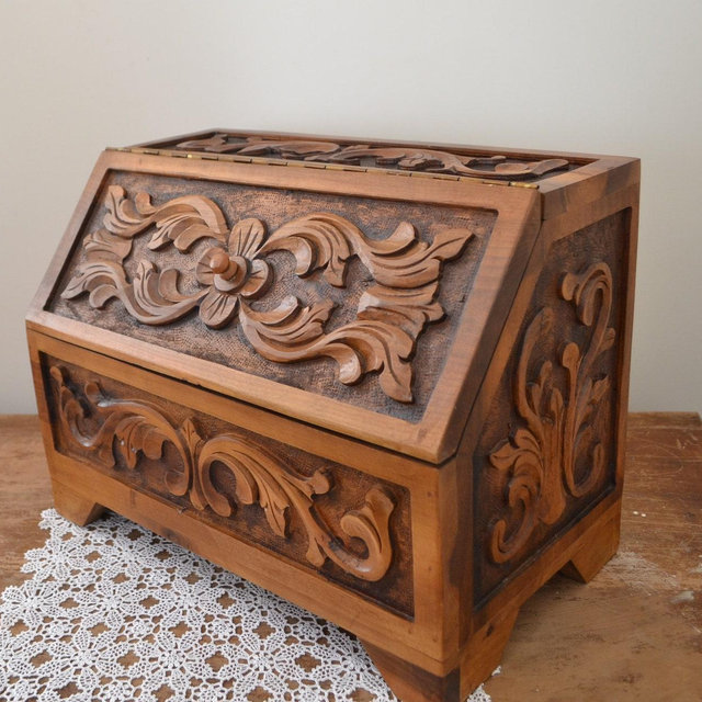 Walnut Carved Bread Box, Hand Carved...