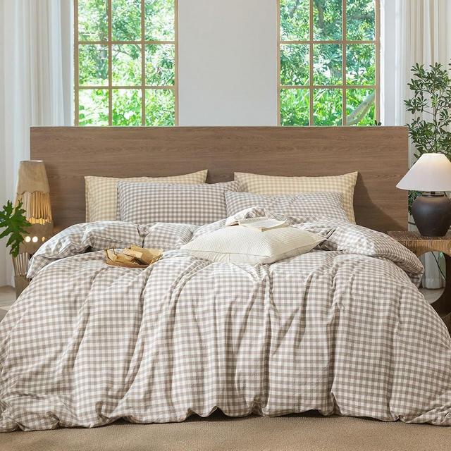 MooMee Gingham Duvet Cover Set 100% Washed Cotton Linen Like Textured Breathable Durable Soft Comfy Modern Checkered Design (Tannish Linen Grey Gingham, Queen 90"x90")