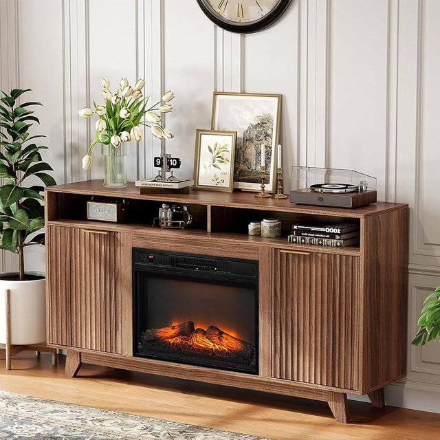 VINGLI Fireplace TV Stand for up to 70 inch TVs, Fluted Entertainment Center with Electric Fireplace Heater & Adjustable Shelves ＆ Open Cabinet, Fireplace Media Console Table for Living Room, Walnut