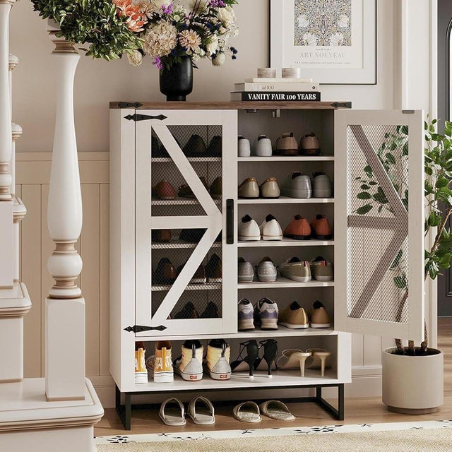 Maupvit Farmhouse Shoe Cabinet with Doors, 6-Tier Shoe Rack Storage Organizer with Adjustable Shelves & Metal Legs, Rustic Entryway, Hallway, Closet, Living Room Cabinet