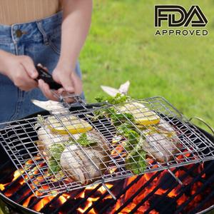 WolfWise Portable BBQ Grilling Basket FDA Approved 430 Stainless Steel Removable Wooden Handle