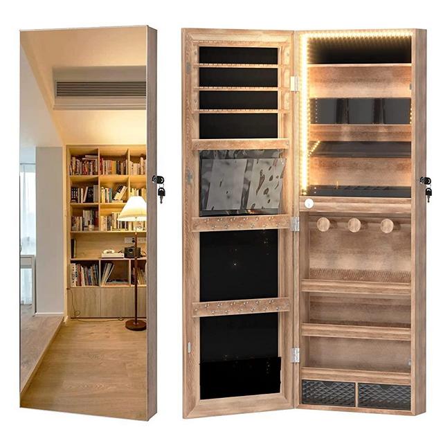 LVSOMT 3 LEDs Wall/Door Mounted Jewelry Armoire with Full-Length Body Mirror, Lockable Storage Cabinet, Dressing Body Mirror, Large Capacity Organizer with Mirror, Mirror with Jewelry Storage, Brown